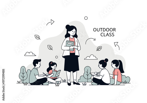 Teachers conducting outdoor lessons in nature. A single teacher stands at the center holding a notebook as the main focus, with a few students sitting on the