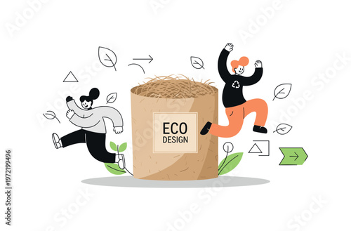 Inspirational eco design trend. A single product made from natural materials is the main focus, with visible textures like recycled paper and plant fibers.