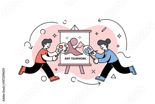 Artistic teamwork concept. One central artwork is highlighted, with two creators contributing different styles that blend together seamlessly. Tiny sparkles