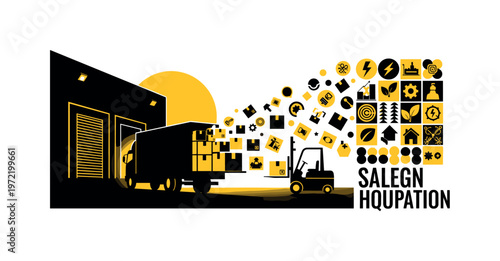 retro warehouse dock with truck unloading symbolic packages, black and white silhouette with bold white contour, boxes turning into icons and patterns, dynamic