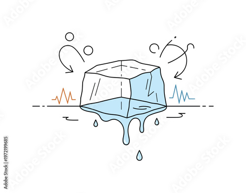Melting ice process. One central ice block shows a clear transition from solid to liquid, with softened edges and small water drops falling. Minimal heat waves