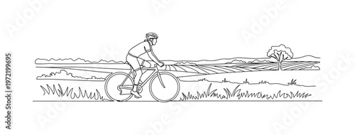 "Rural cycling". Minimalistic one-line drawing cyclist pedaling through open farmland with soft horizon line and minimal vegetation details, continuous single