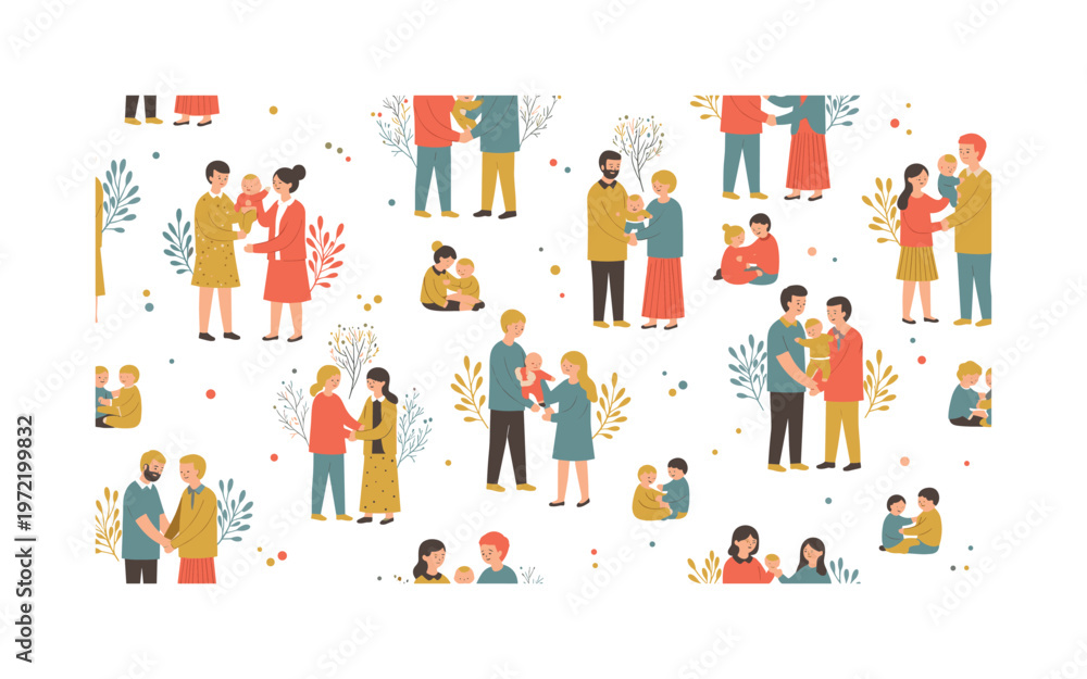 Fototapeta premium New beginnings scene, seamless pattern, repeating pattern, surface design, textile print, charming composition of couples, babies, celebrations, support