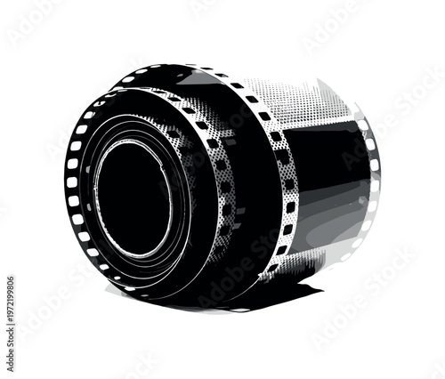 A coiled roll of old film with visible grain on the surface, angled composition emphasizing shape and texture, black and white halftone illustration, textured