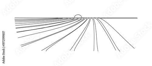 "Sunset lavender landscape". Minimalistic one-line drawing gently curved lavender rows with distant horizon and minimal sun line, continuous single black line