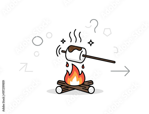 Campfire treat moment. One central marshmallow is shown slowly browning above a flame, with gentle heat waves rising. Small sparkles and curved lines suggest