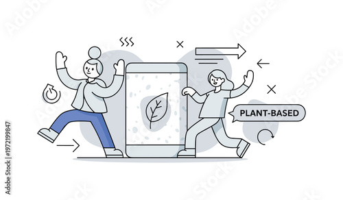 Sustainable materials. A single product made from plant-based material is shown with subtle texture and a leaf symbol embedded in it. A ?PLANT-BASED? label and