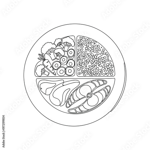 "Balanced Diet Plate". Minimalistic one-line drawing a divided plate showing portions of vegetables, grains, and protein in a clean composition, continuous