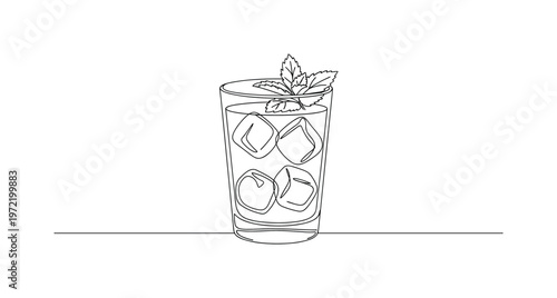 "Cold summer drink". Minimalistic one-line drawing simple glass of lemonade with floating ice and mint sprig creating a light and airy scene, continuous single