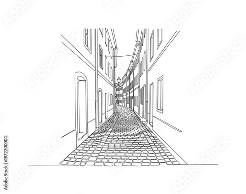 "European old town street cobblestones". Minimalistic one-line drawing narrow street lined with old buildings and cobblestone pavement with gentle perspective,