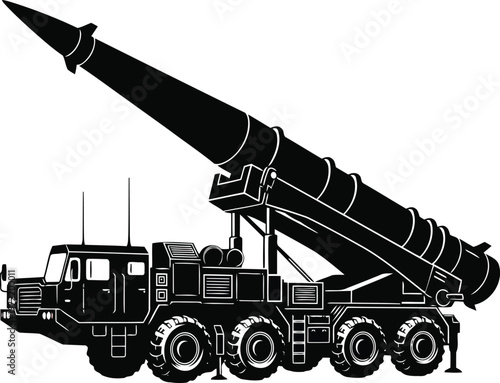 Black and white illustration of a mobile missile launcher system with its rocket aimed skyward