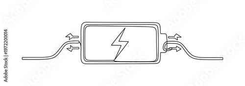 "Green Battery Storage". Minimalistic one-line drawing a large battery with simple energy flow lines indicating stored renewable power, continuous single black