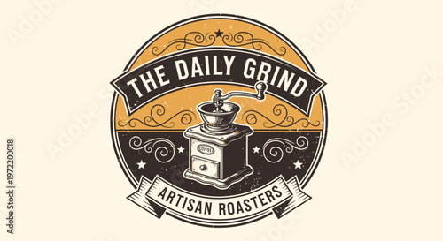 Vintage hand coffee grinder emblem for artisanal roasters, depicting the craft of daily fresh coffee preparation in a classic style with intricate design