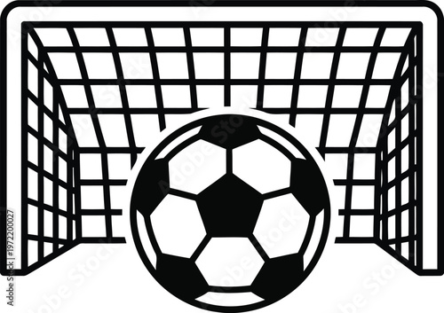 Black and white graphic illustration of a soccer ball in front of a goal net