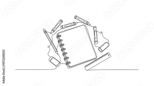 "Kids Art Composition". Minimalistic one-line drawing a simple sketchbook surrounded by crayons and drawing tools in a playful arrangement, continuous single