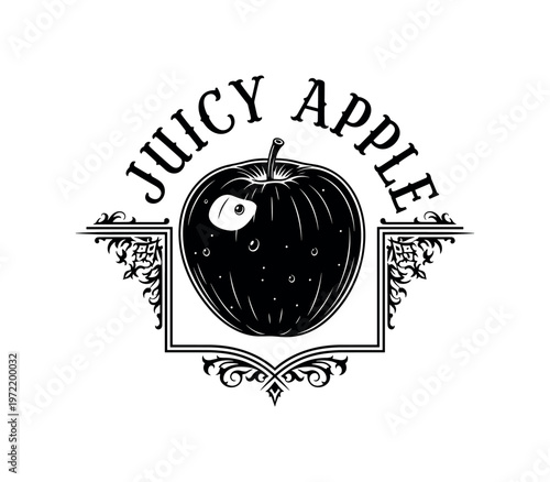 Juicy Apple. lettering and all elements in black. Vector style. AWhite background. Pure white background. Perfect isolation and visual consistency.