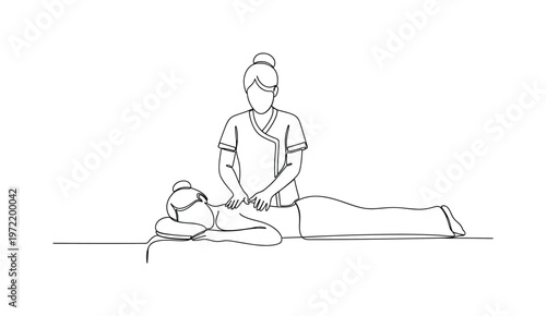 "Wellness Spa Massage". Minimalistic one-line drawing a person lying on a massage table while a therapist gently performs a massage, continuous single black