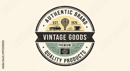 Authentic Brand" vintage goods circular emblem design, a premium quality product badge with classic retro elements including a car, hot air balloon, coffee cup, and camera graphic