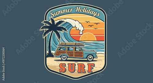 Retro surf van on beach with palm tree and crashing wave during summer holidays, vintage travel scene illustration