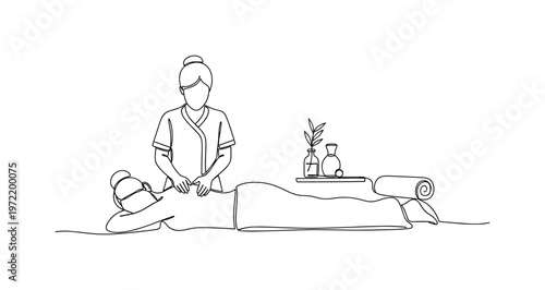 "Body Relaxation Composition". Minimalistic one-line drawing a massage session with minimal spa elements suggesting calm and wellness, continuous single black