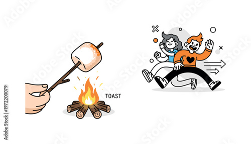 Roasting marshmallows. A single marshmallow on a stick is the main focus, held over a small campfire with a golden glow. Tiny sparks and a subtle ?TOAST? label
