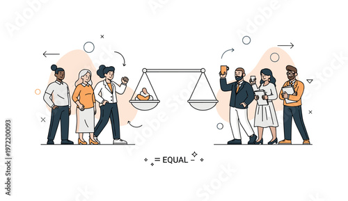 Equal opportunity. A balanced scale icon stands in the center with different characters confidently placed on each side, symbolizing fairness. A small ?EQUAL?