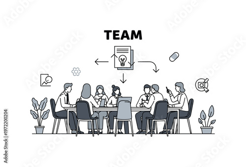 Corporate teamwork. A group of professionals gathers around a central table, with a shared document or idea icon connecting them. A bold ?TEAM? label and clean