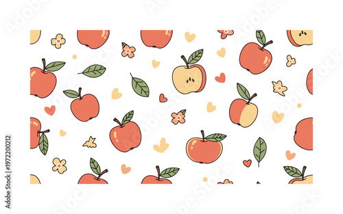 apples and sweet motifs, seamless pattern, repeating pattern, surface design, textile print, simple apples mixed with small decorative motifs inspired by