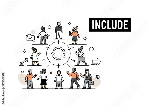 Workplace diversity and inclusion. A diverse group of people stands around a central circle icon, all connected with clean lines showing equal participation. A