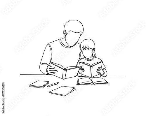 "Learning Together Moment". Minimalistic one-line drawing a parent and child seated with books and writing tools in a supportive study setting, continuous