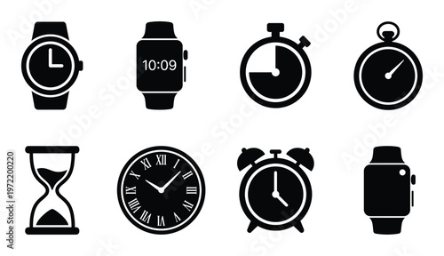 Clock and watch icon set with various time measuring tools including smart watches and alarm clocks