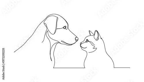 "Pet companionship". Minimalistic one-line drawing dog and cat facing each other with friendly curiosity and balanced composition, continuous single black line