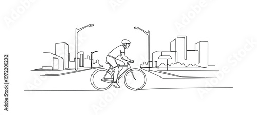 "Daily commute". Minimalistic one-line drawing cyclist traveling through a simplified urban environment with smooth continuous contour and motion, continuous