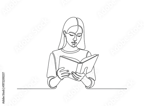 "Quiet reading moment". Minimalistic one-line drawing female figure holding an open book with head slightly tilted down in concentration, continuous single