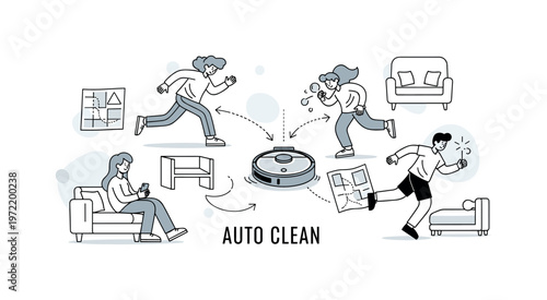 Smart home cleaning. A central robot vacuum navigates around simple furniture shapes, guided by subtle arrows and mapping lines. A ?AUTO CLEAN? caption