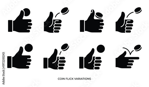 Coin flick variations icon set showing thumb movements and trajectory for gambling or decision making