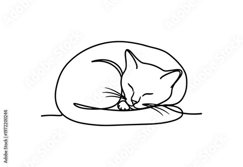 "Cozy feline". Minimalistic one-line drawing cat resting curled up with smooth continuous line forming a compact relaxed shape, continuous single black line on