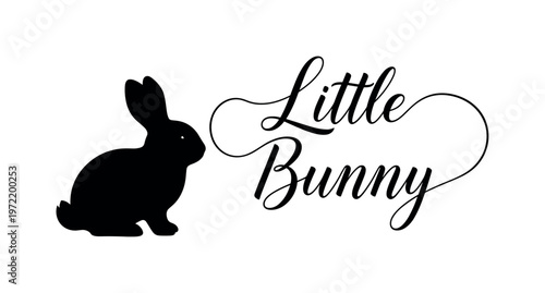 Little bunny. lettering and all elements in black. Vector style. AWhite background. Pure white background. Perfect isolation and visual consistency. Elegant