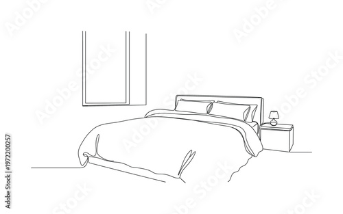 "Restful Sleep Scene". Minimalistic one-line drawing a bedroom with a neatly arranged bed and subtle calm elements indicating relaxation, continuous single