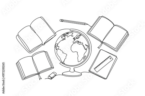 "World Study Scene". Minimalistic one-line drawing a globe centered with notebooks and simple stationery items surrounding it, continuous single black line on