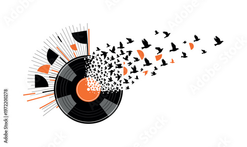 vintage vinyl record dissolving into flock of birds, monochrome record with bold white contour, fragments transforming into stylized bird shapes, abstract