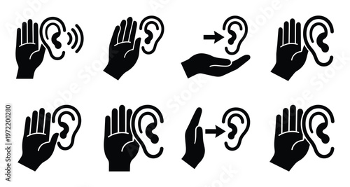 Collection of black icons depicting human ears and hands interacting, symbolizing listening and hearing concepts