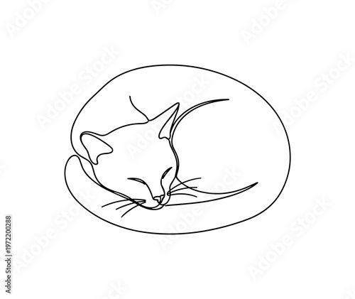 "Cat curled sleeping". Minimalistic one-line drawing cat curled into a tight sleeping circle with tail wrapped around body and calm posture, continuous single