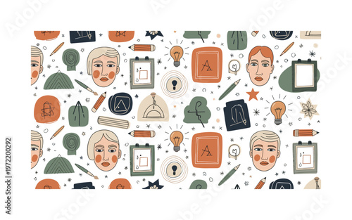 Artistic sketch icons, seamless pattern, repeating pattern, surface design, textile print, playful layout of faces, lines, frames, drawing tools and creative