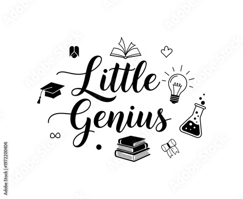 Little genius. lettering and all elements in black. Vector style. AWhite background. Pure white background. Perfect isolation and visual consistency. Elegant