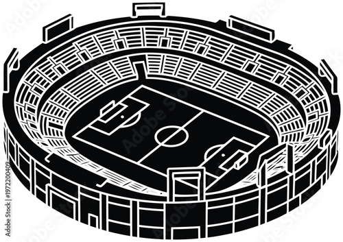 Isometric illustration of a detailed soccer stadium with tiered seating and a playing field