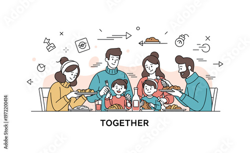 Cozy dinner scene. A group of family members shares food at a table, with subtle motion lines showing interaction and joy. A ?TOGETHER? caption highlights
