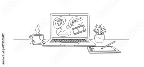 "Creative Workflow Setup". Minimalistic one-line drawing a laptop with image elements and minimal desk items representing a content creation process,
