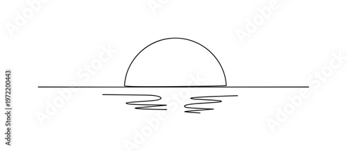 "Horizon glow". Minimalistic one-line drawing simple sun partially above a clean ocean line with minimal detail and serene composition, continuous single black