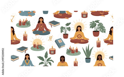 Spiritual growth and well-being, seamless pattern, repeating pattern, surface design, textile print, cozy arrangement of meditating figures, candles, plants,